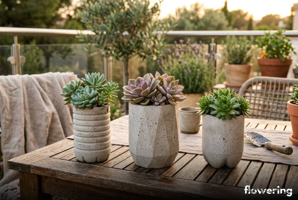 Betonowe doniczki z sukulentami na drewnianym stole tarasowym