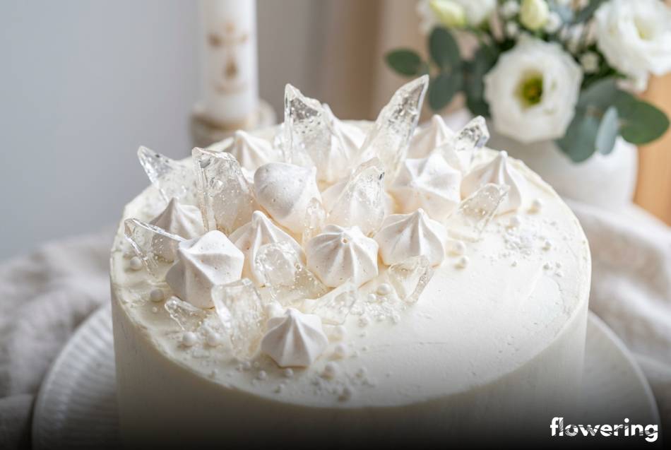 Białe beziki i przezroczyste kryształy z izomaltu na eleganckim torcie