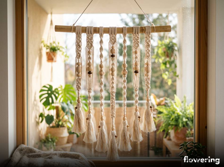 Boho kompozycja z drewnianych koralików do okna