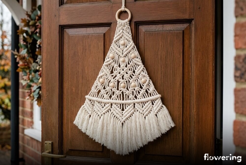 Boho makrama w kształcie choinki z bawełnianego sznurka ozdobiona drewnianymi koralikami