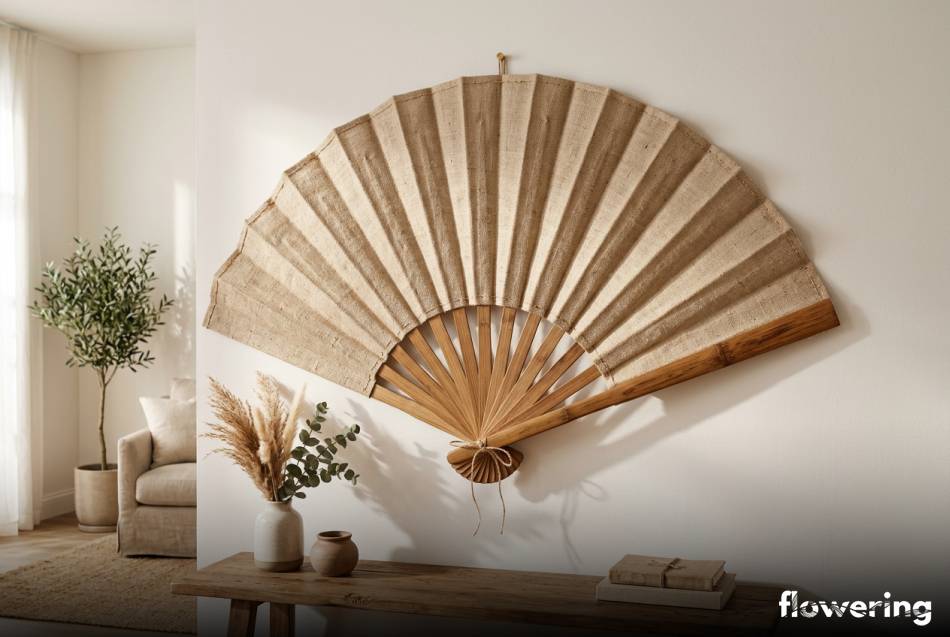 Duży boho wachlarz z bambusa i płótna na ścianie