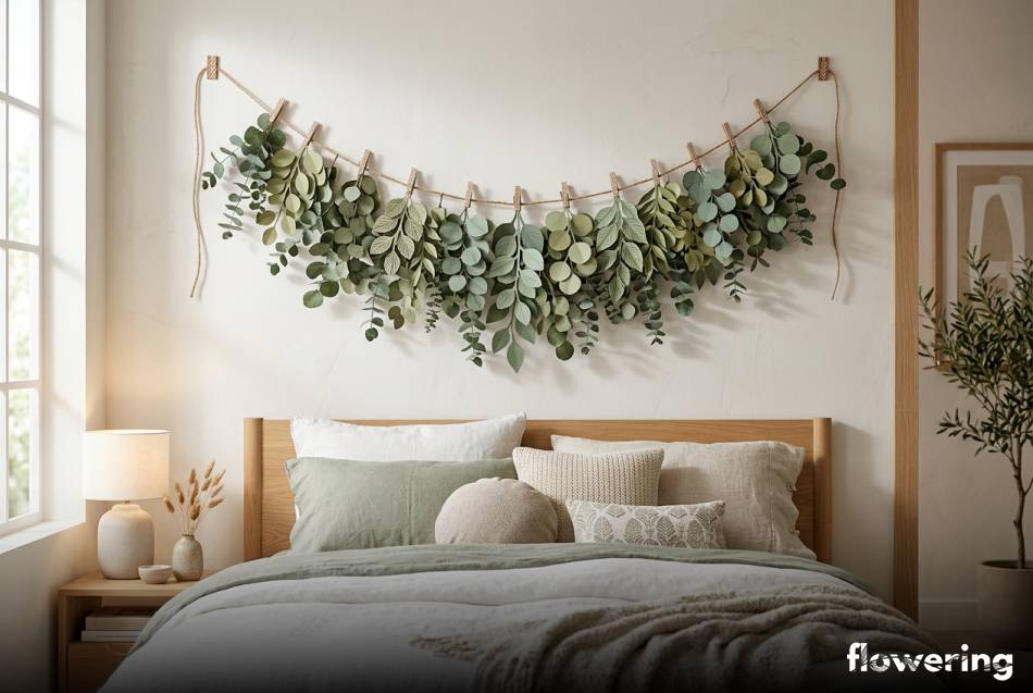 Botaniczna girlanda z eukaliptusa zawieszona nad łóżkiem