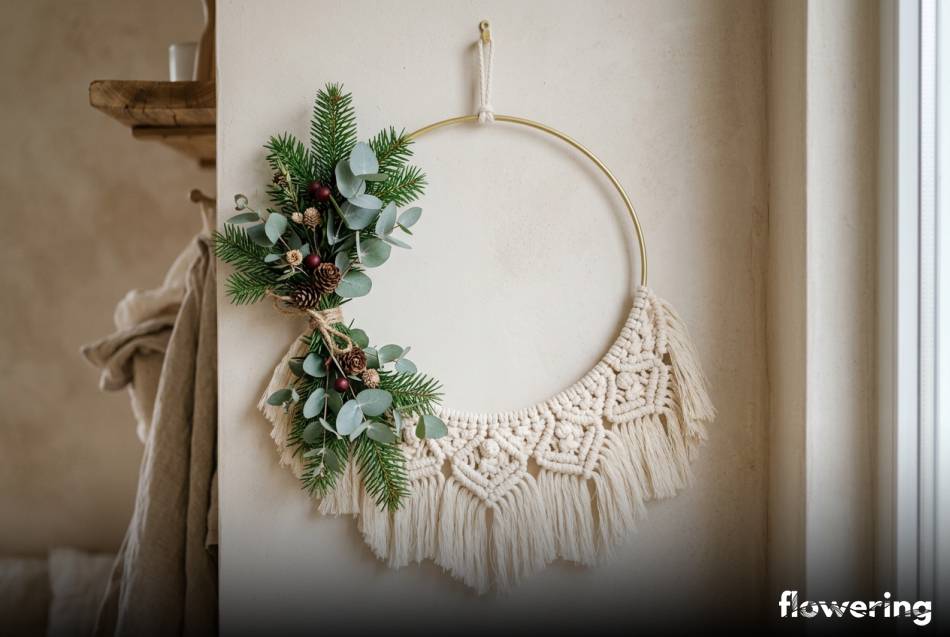 Makramowy wianek świąteczny na złotej obręczy ze świerkiem i eukaliptusem