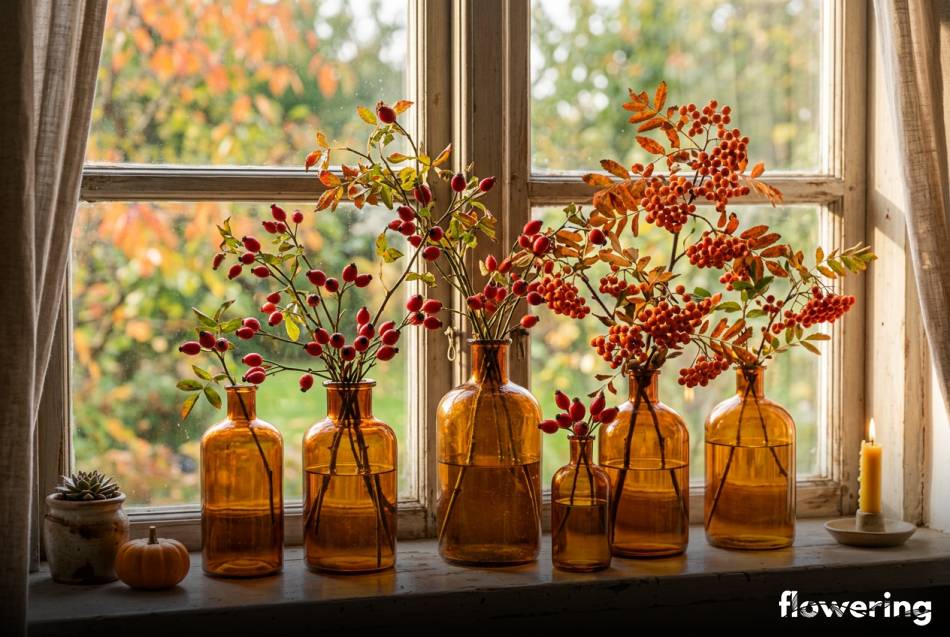 Bursztynowe butelki z jesiennymi gałązkami na jasnym parapecie
