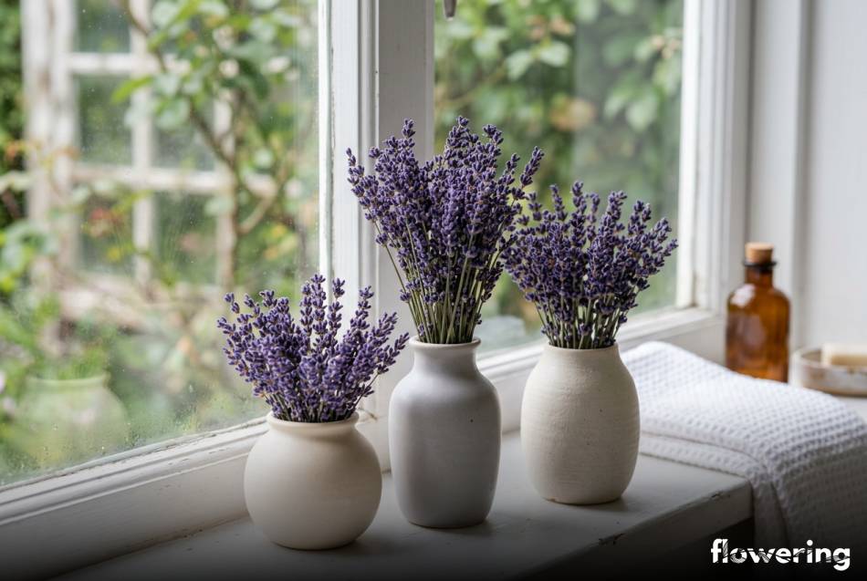 Ceramiczne wazoniki z suszoną lawendą na białym parapecie