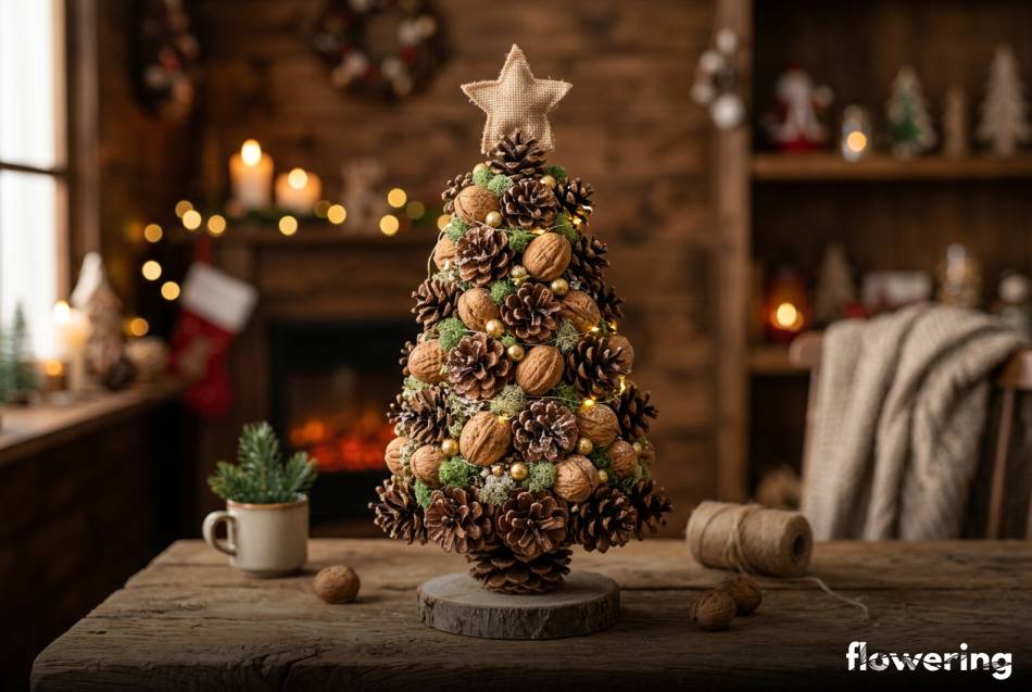 Miniaturowa choinka z szyszek i orzechów na styropianowym stożku