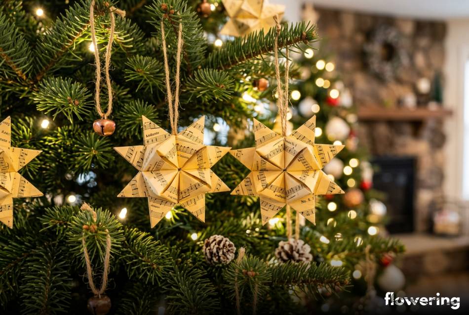 Choinka udekorowana geometrycznymi gwiazdami origami ze starych nut