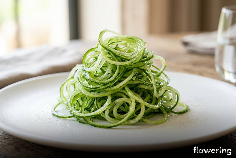 Cienkie zielone spirale z ogórka ułożone w dekoracyjny stos