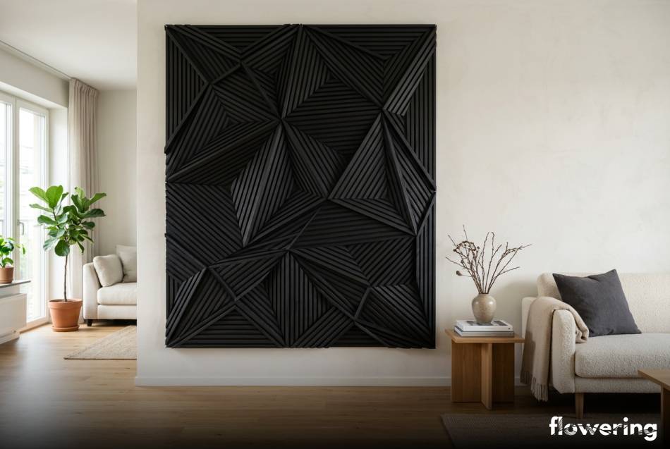 Czarna trójwymiarowa instalacja z listewek na jasnej ścianie