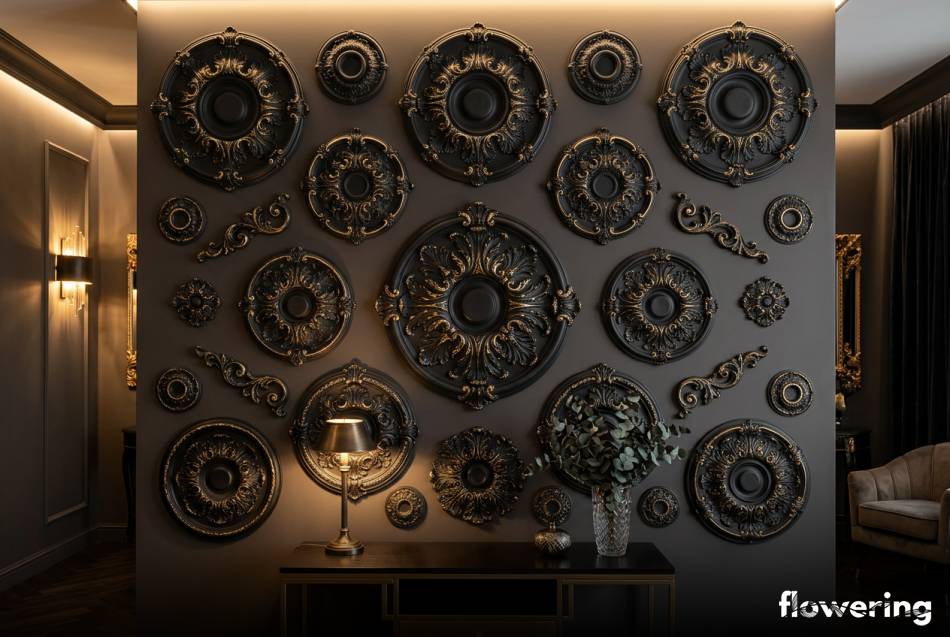 Czarne matowe rozety ze złotymi akcentami na ścianie