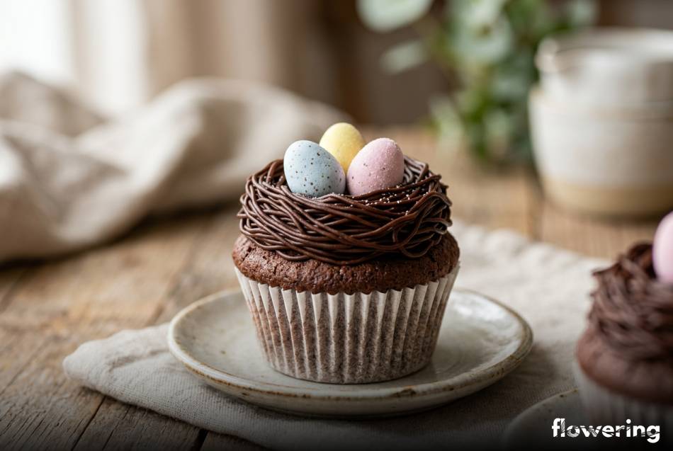 Czekoladowe gniazdko z ganache i cukrowe jajeczka na muffince