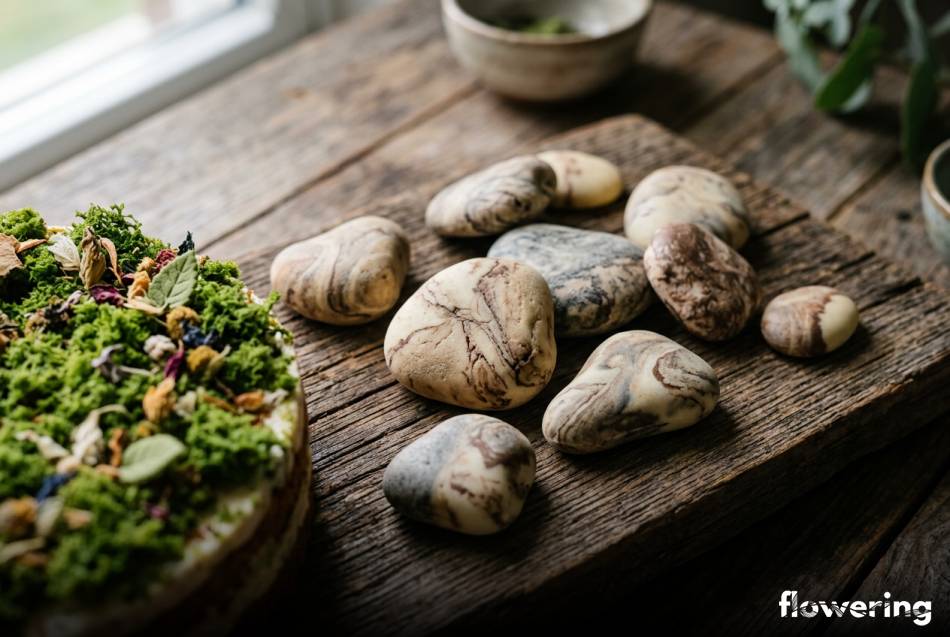 Jadalne kamienie z czekolady ułożone na dekoracyjnym torcie