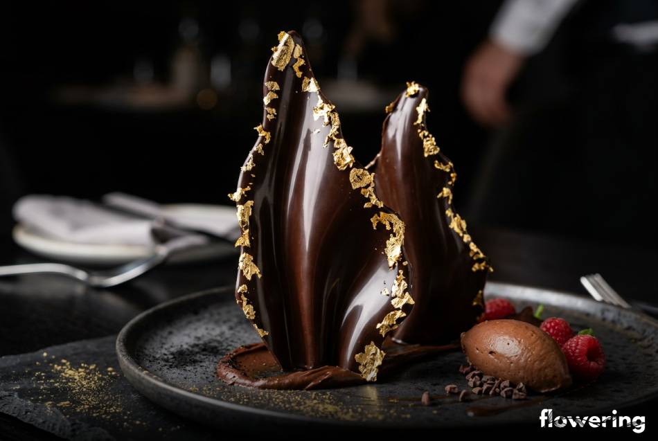 Czekoladowe żagle z płatkami jadalnego złota na deserze
