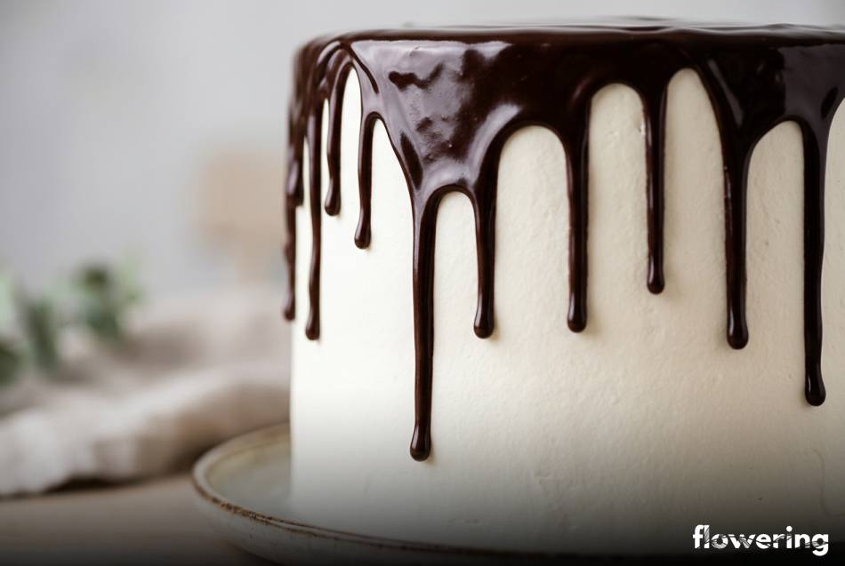 Czekoladowy drip spływający po białym torcie z bitej śmietany