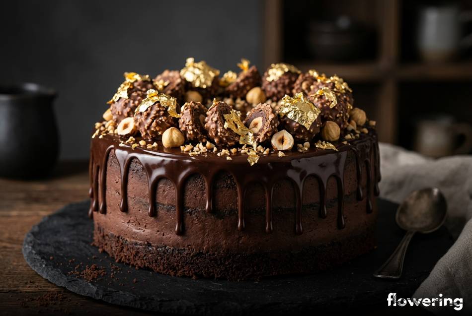 Czekoladowy tort drip cake z pralinami i jadalnym złotem