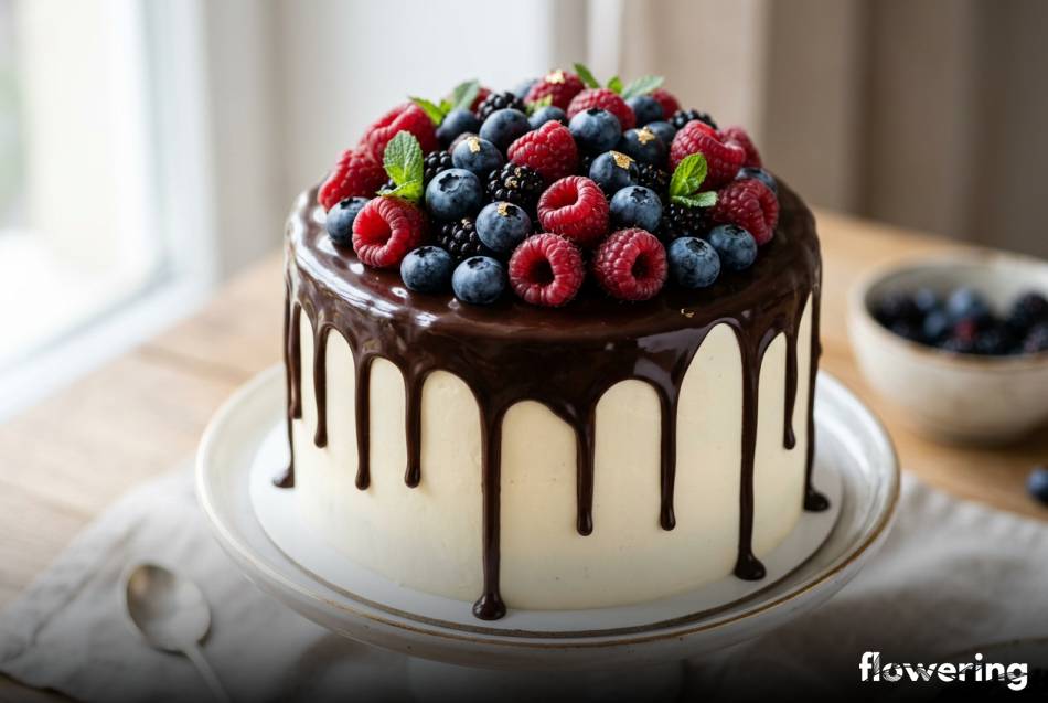 Czekoladowy drip cake z koroną z malin i borówek