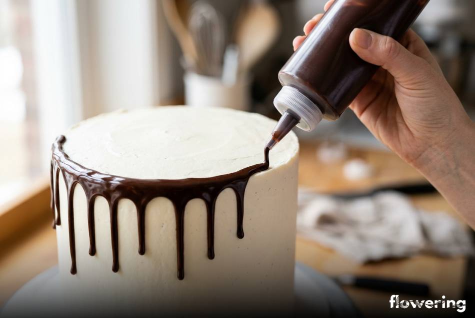 Czekoladowy drip nakładany butelką z dyspenserem na tort