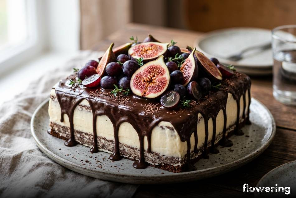Czekoladowy drip na prostokątnym torcie z figami i winogronami