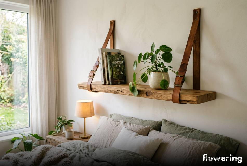Dębowa półka na skórzanych rzemieniach w przytulnej sypialni