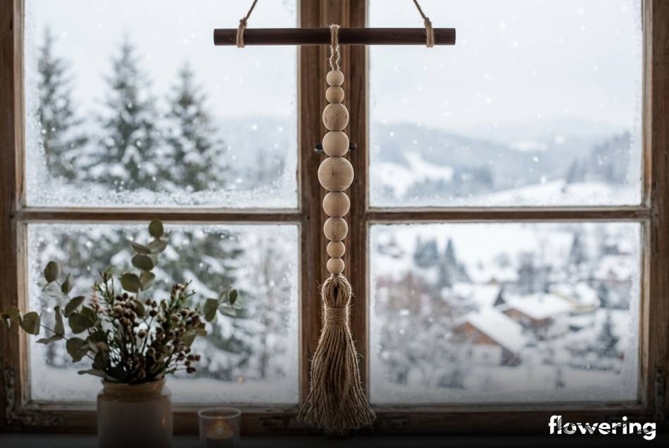 Wisząca dekoracja z drewnianych koralików i naturalnego sznurka