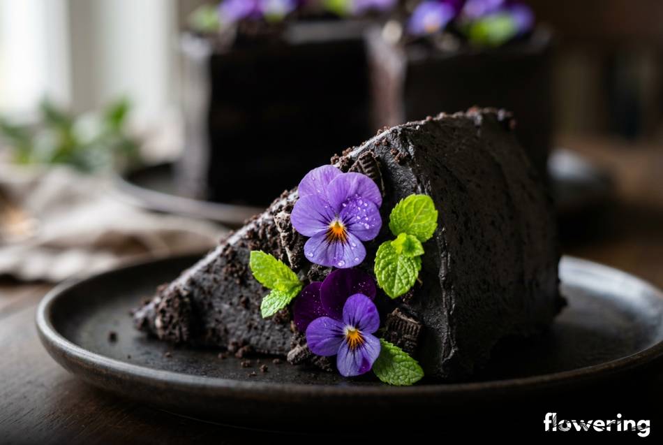 Świeża mięta i fioletowe bratki na ciemnym torcie Oreo