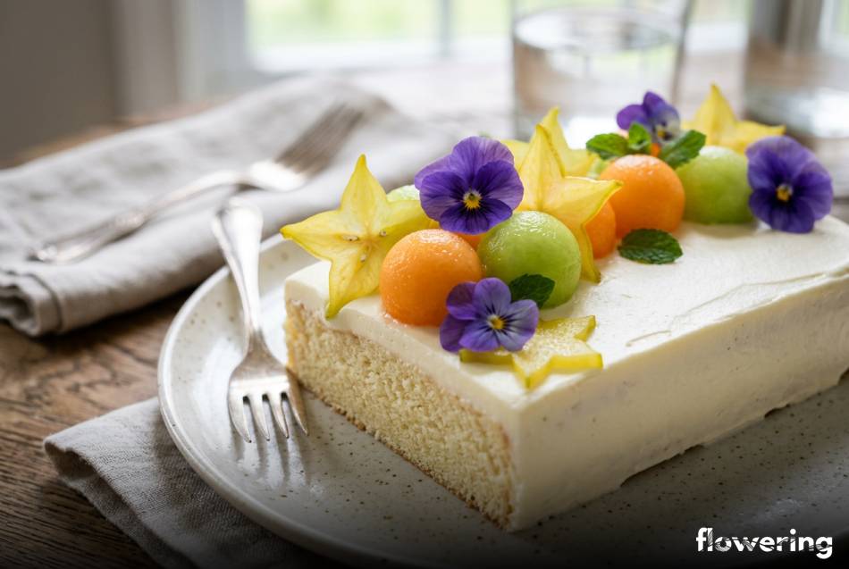 Egzotyczna dekoracja z melona karamboli i bratków na torcie