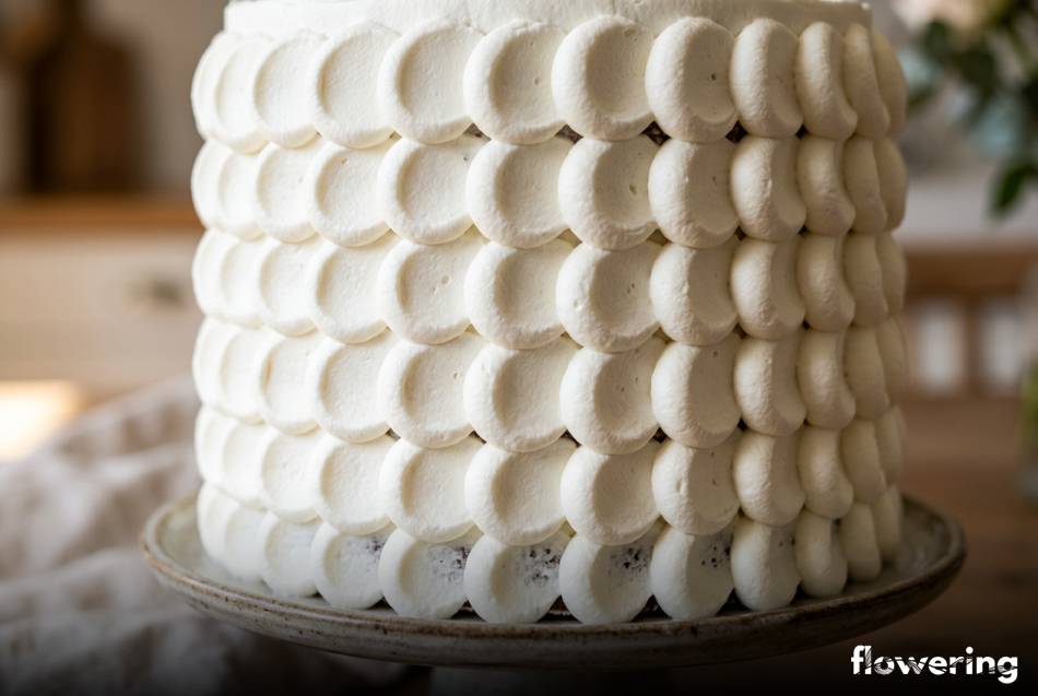 Białe łuski z bitej śmietany na boku tortu