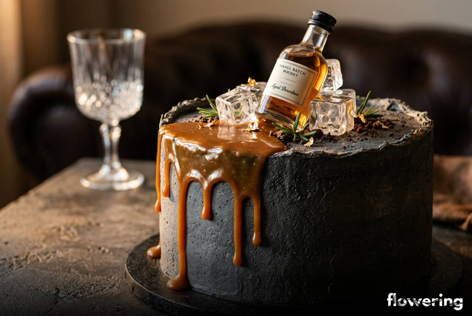 Męski tort z miniaturką whisky i lodem z izomaltu