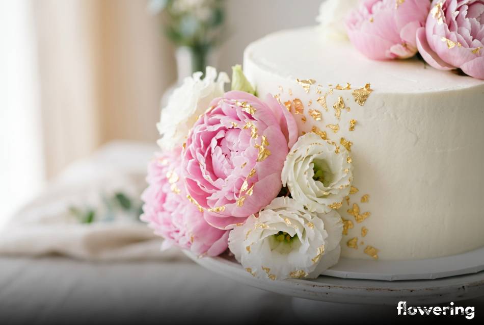 Jasnoróżowe piwonie i płatki jadalnego złota na eleganckim torcie