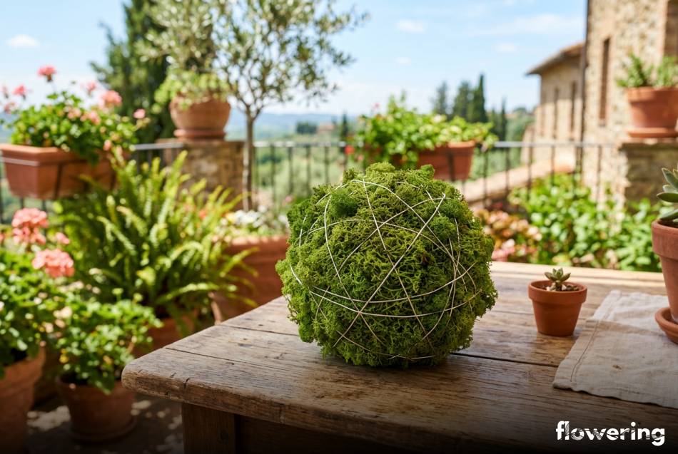 Dekoracyjna kula z mchu chrobotka na drewnianym tarasie