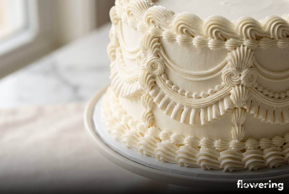 Białe falbanki Lambeth z bitej śmietany na torcie