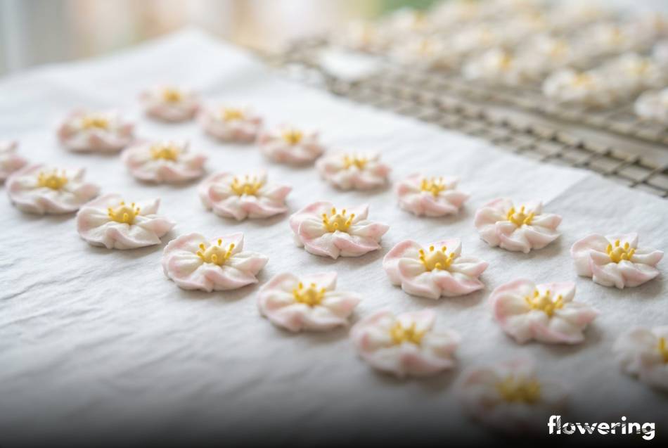 Pudroworóżowe kwiaty jabłoni z lukru królewskiego na papierze pergaminowym