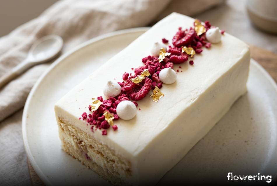 Diagonalna dekoracja z malin i bezików na białym torcie