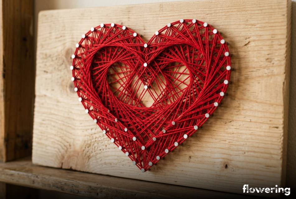 Czerwone serce ze sznurka techniką string art na drewnianej desce