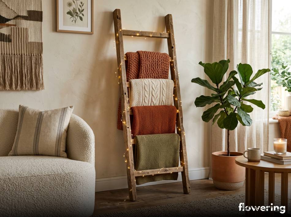Drewniana drabinka na ciepłe koce i oświetlenie LED