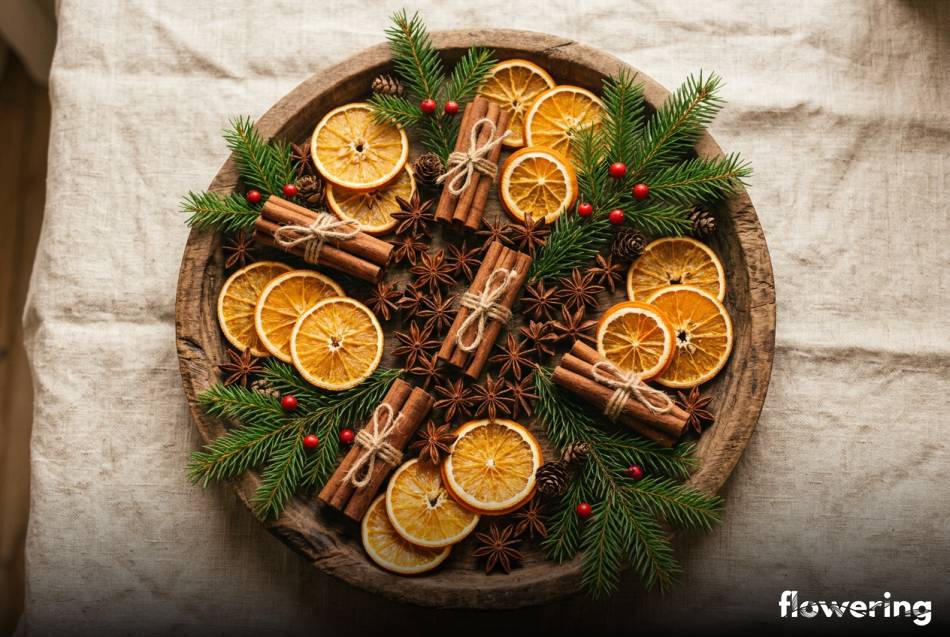 Drewniana patera z suszonymi pomarańczami cynamonem i gwiazdkami anyżu
