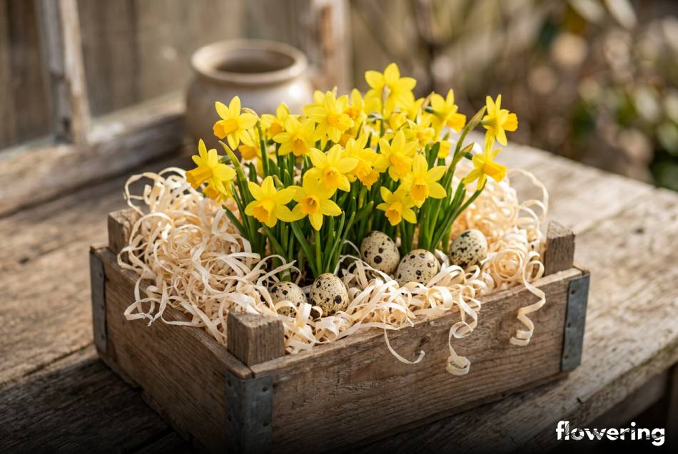 Drewniana skrzyneczka z żółtymi żonkilami i jasnymi wiórami osikowymi