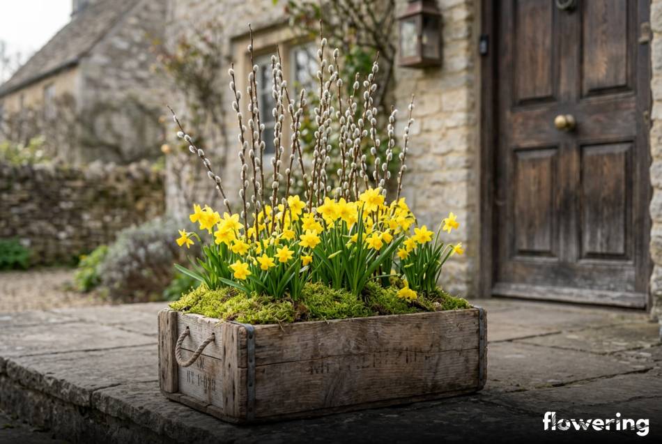 Drewniana skrzynia z żółtymi żonkilami i baziami na ganku