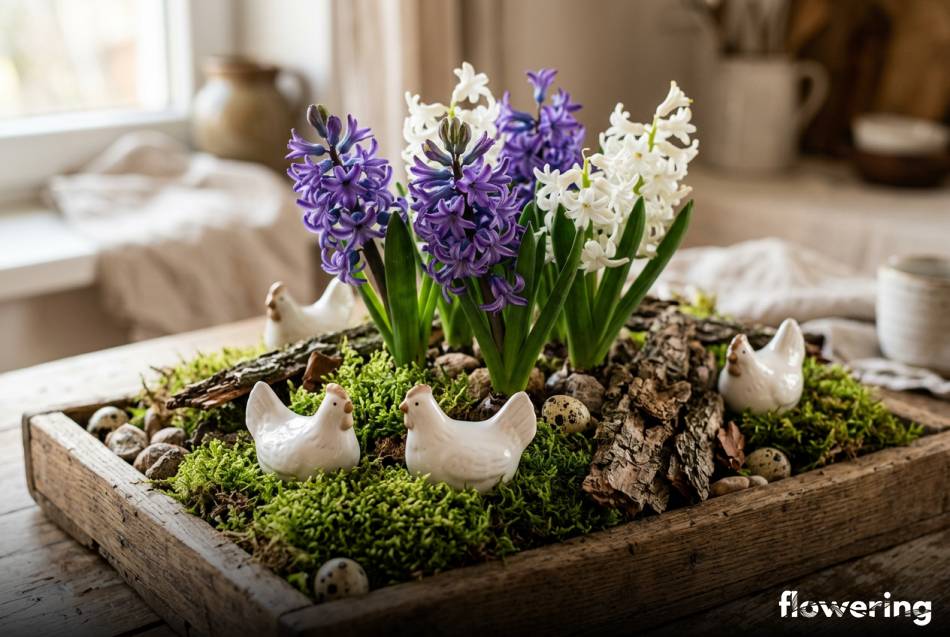 Drewniana taca wielkanocna z hiacyntami mchem i figurkami kurek