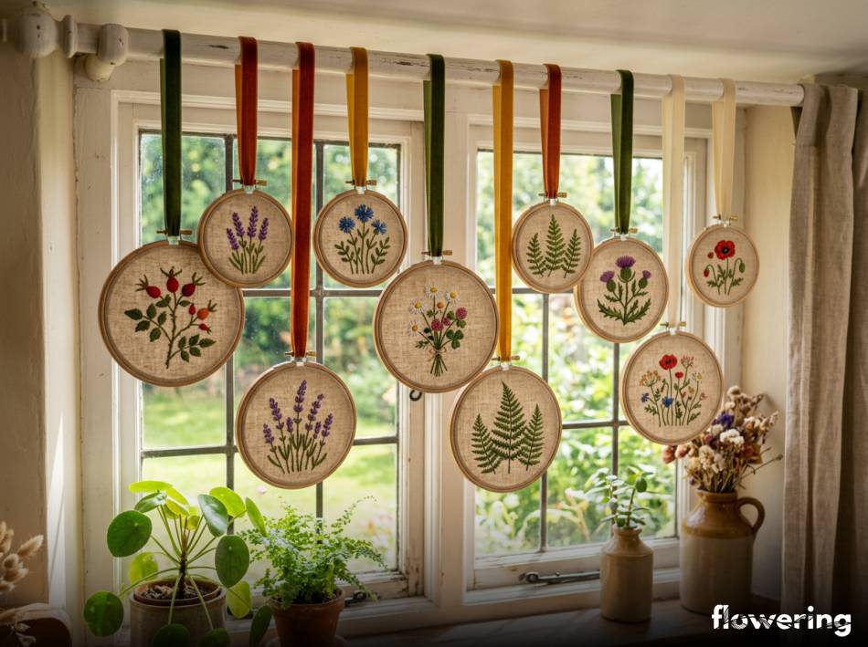 Haftowane tamborki z motywami botanicznymi wiszące w oknie