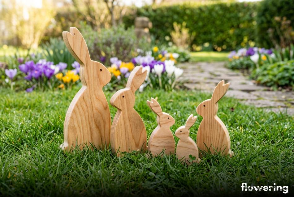 Drewniane zające wielkanocne wycięte ze sklejki na zielonym trawniku