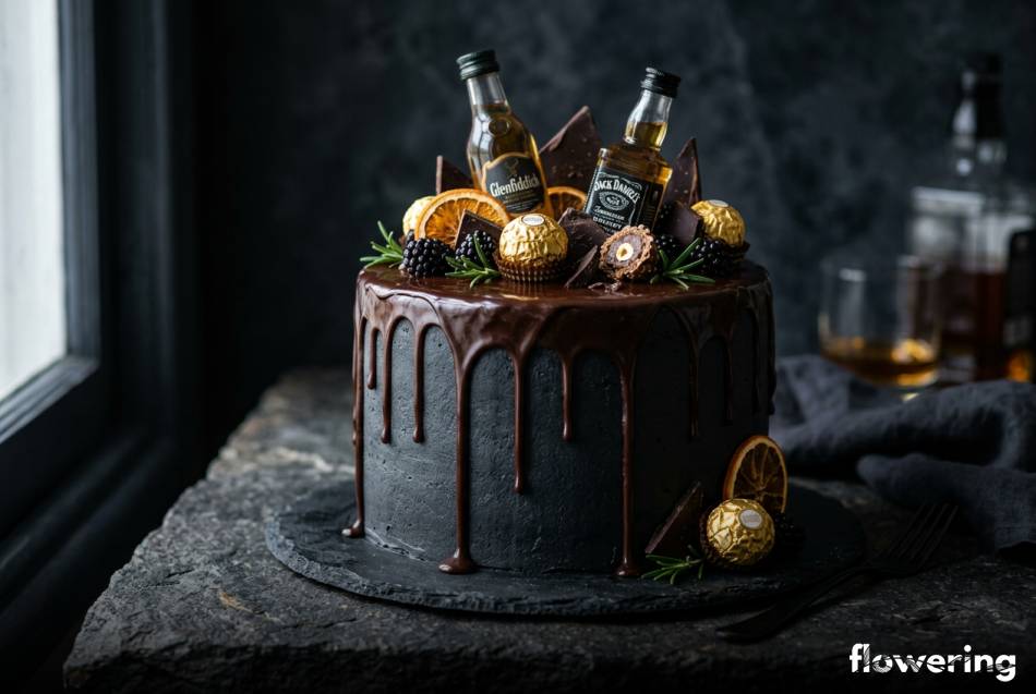Elegancki ciemny drip cake z alkoholem i złotymi pralinami