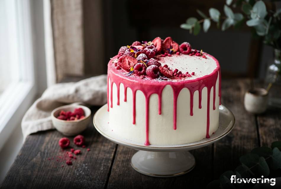 Różowy drip z owocowego ganache i liofilizowane maliny na torcie