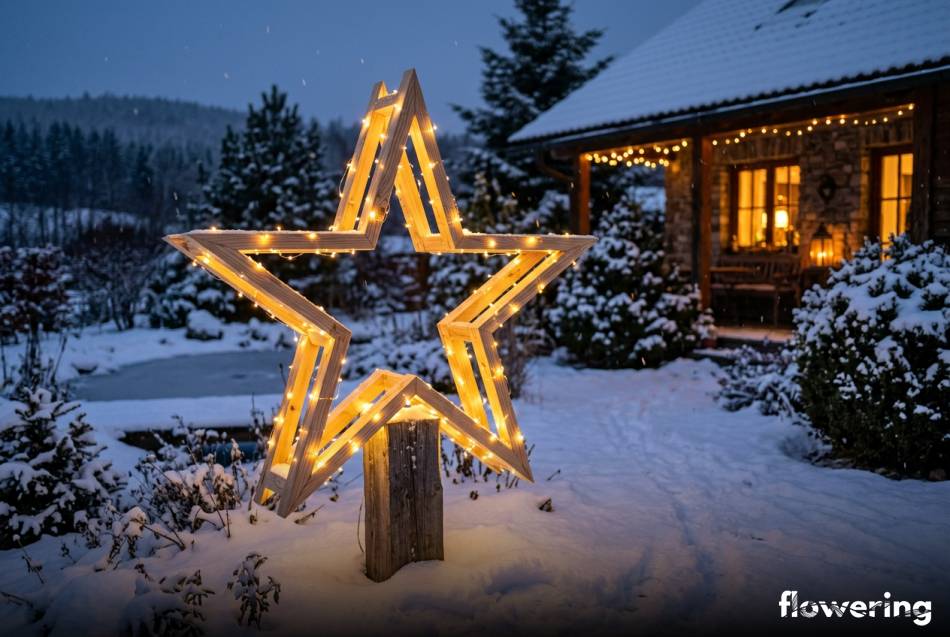 Duża drewniana gwiazda 3D z oświetleniem LED w śnieżnym ogrodzie