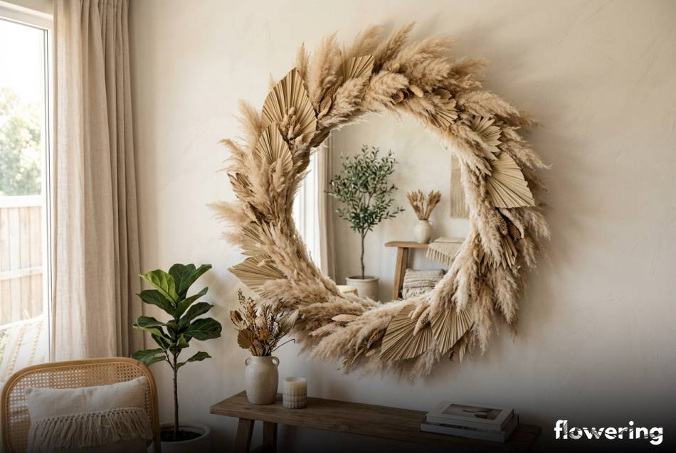 Lustro z trawą pampasową i liśćmi palmowymi