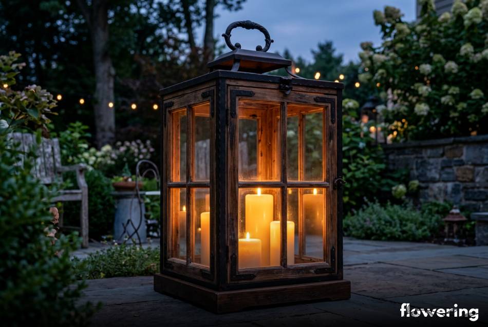 Duży lampion z okiennic ze świecami na tarasie