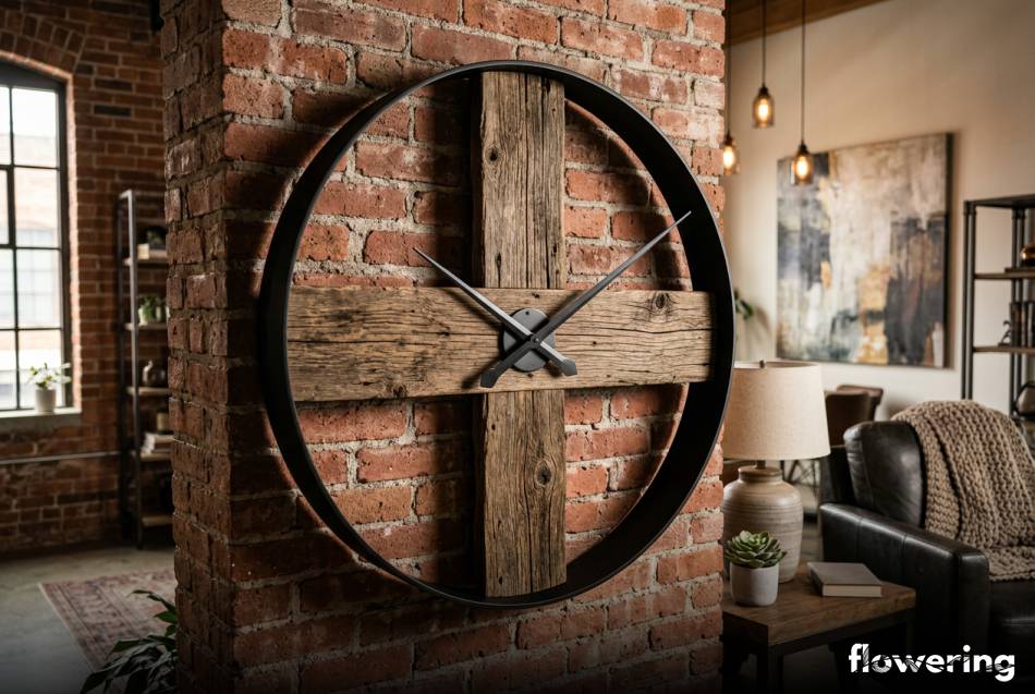 Duży zegar loftowy ze starego drewna na ścianie