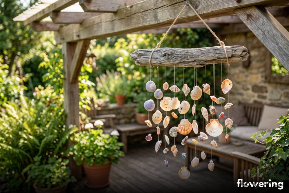 Dzwonki wietrzne z muszli i drewna na tarasie