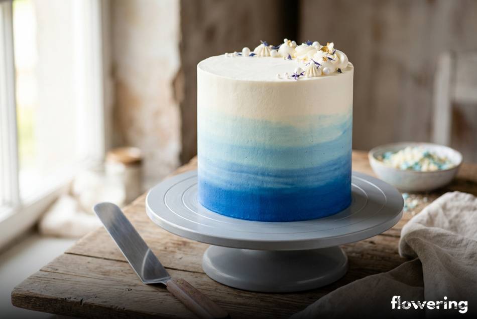Niebieski tort ombre z wygładzonym tynkiem ze śmietany