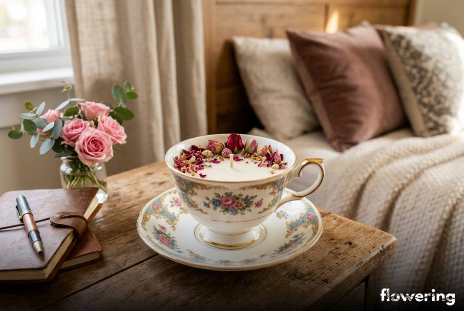 Świeca sojowa w filiżance vintage z płatkami róż